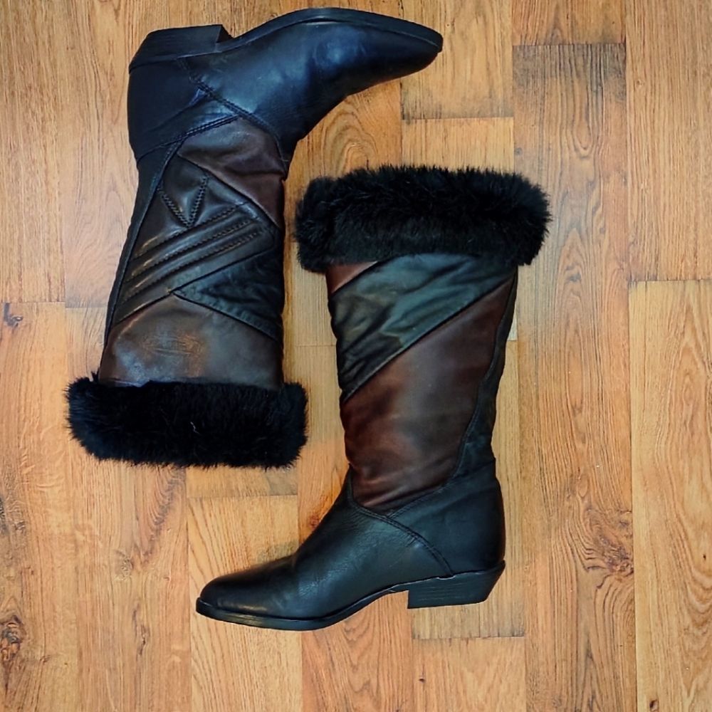 Vintage Wool Lined, Quilted Leather, Fur Trimmed Winter Boots